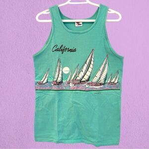 Vintage 1990 California tank top turquoise with sail boats